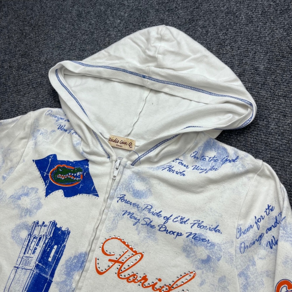 Studio Gem Q Florida Gators Collegiate Rhinestone White Blue Zip Hoodie